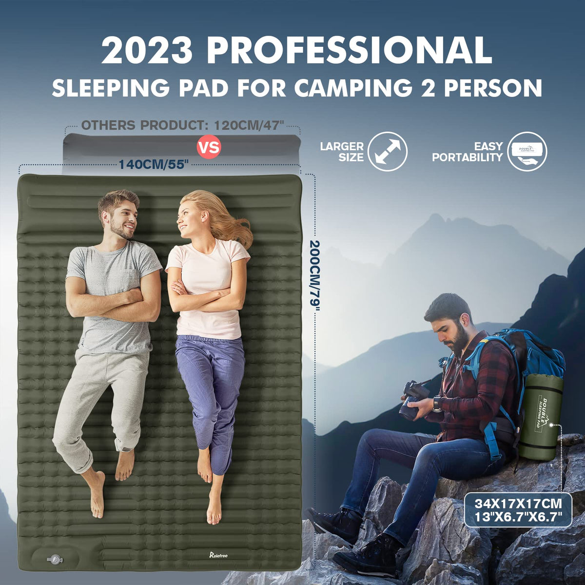 Self Inflating Double Camping Sleeping Pad with Air Pillow, 79 in x 55 in, Army Green U995119