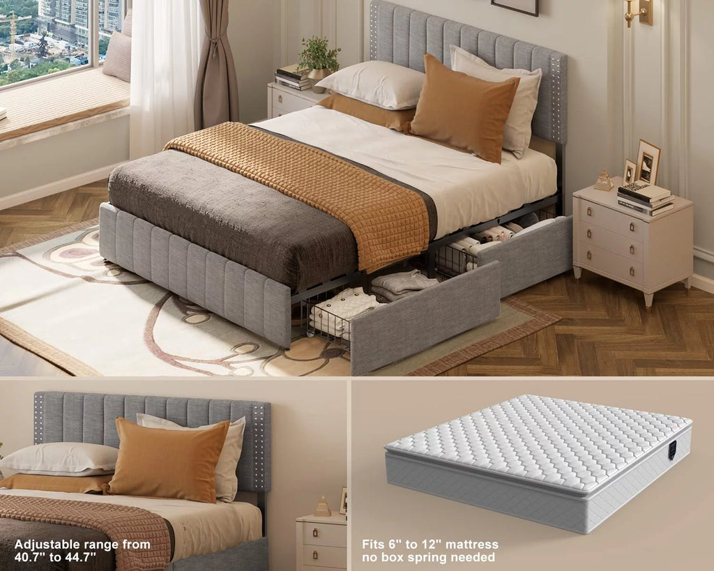 Light Grey Full Size Bed Frame with Storage Drawers R88668