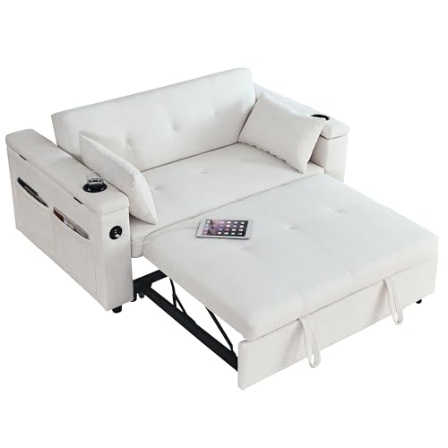 White Chenille 2-Seater Convertible Sofa Bed with USB Power Outlet U78065