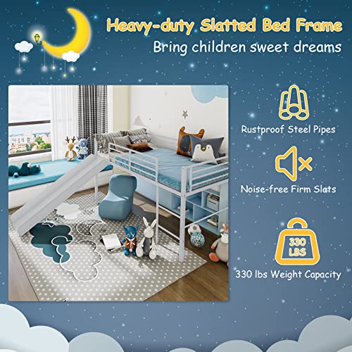 White Twin Metal Loft Bed with Slide and Guardrails O272