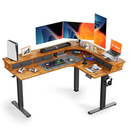 Electric L Shaped Standing Desk, 65'' Height Adjustable Corner Desk with Storage Drawers, Black S93572