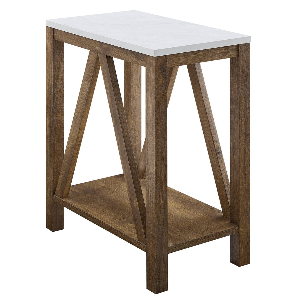 White Faux Marble/Natural Walnut Open Storage Side Table T6809