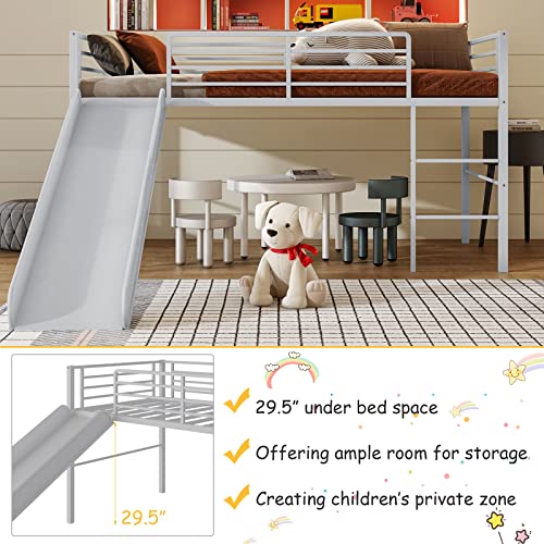 White Twin Metal Loft Bed with Slide and Guardrails O272