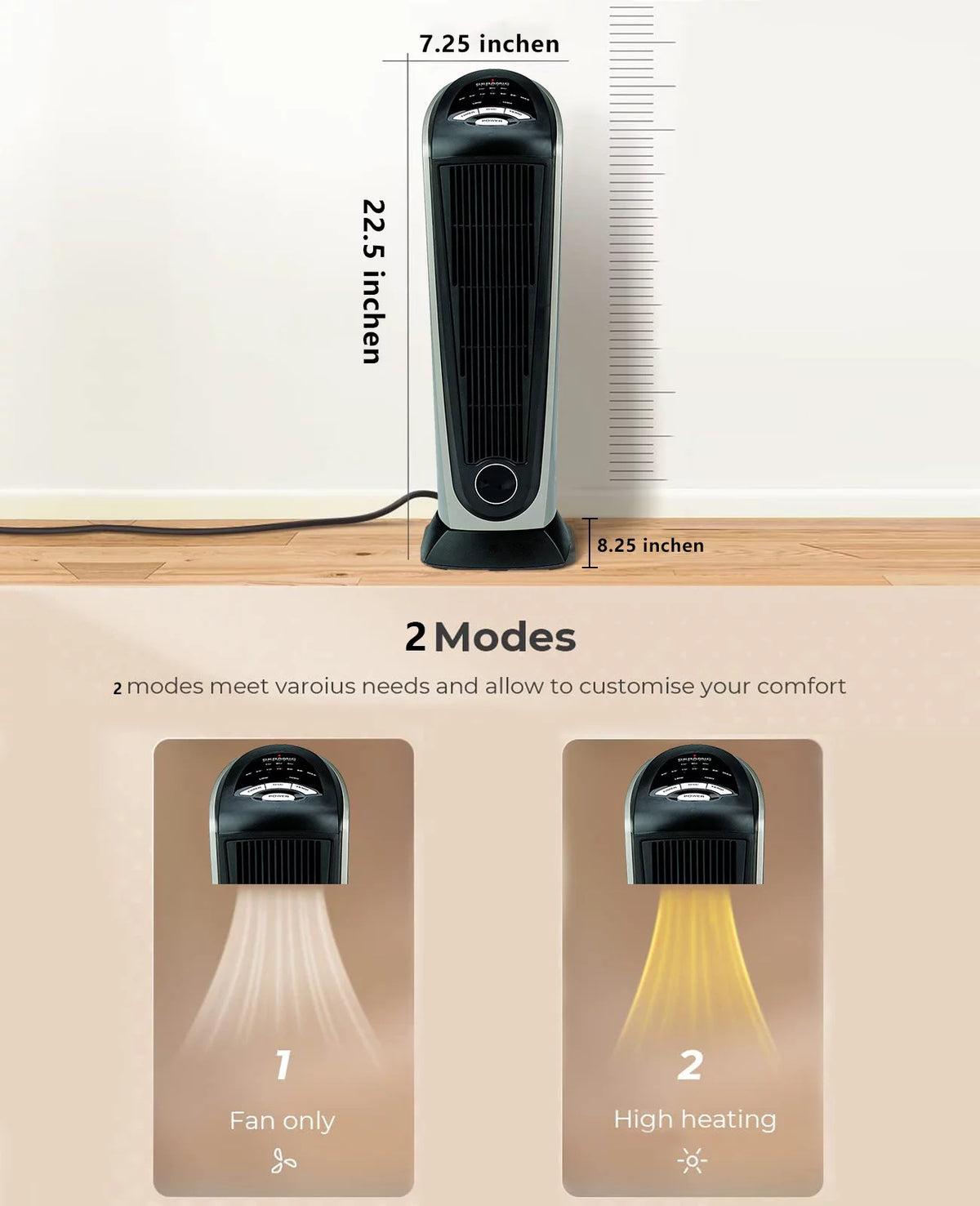 Oscillating Tower Space Heater with Adjustable Thermostat Timer & Remote Control, 22.5 Inches 1500W Grey/Black A76373