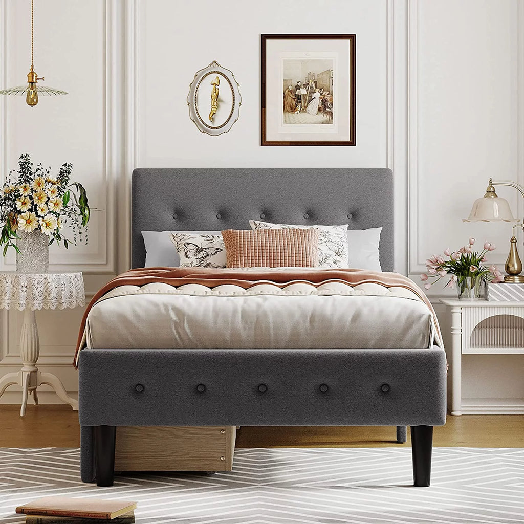Beige Twin Size Upholstered Bed Frame with Headboard and Storage Underneath V9804