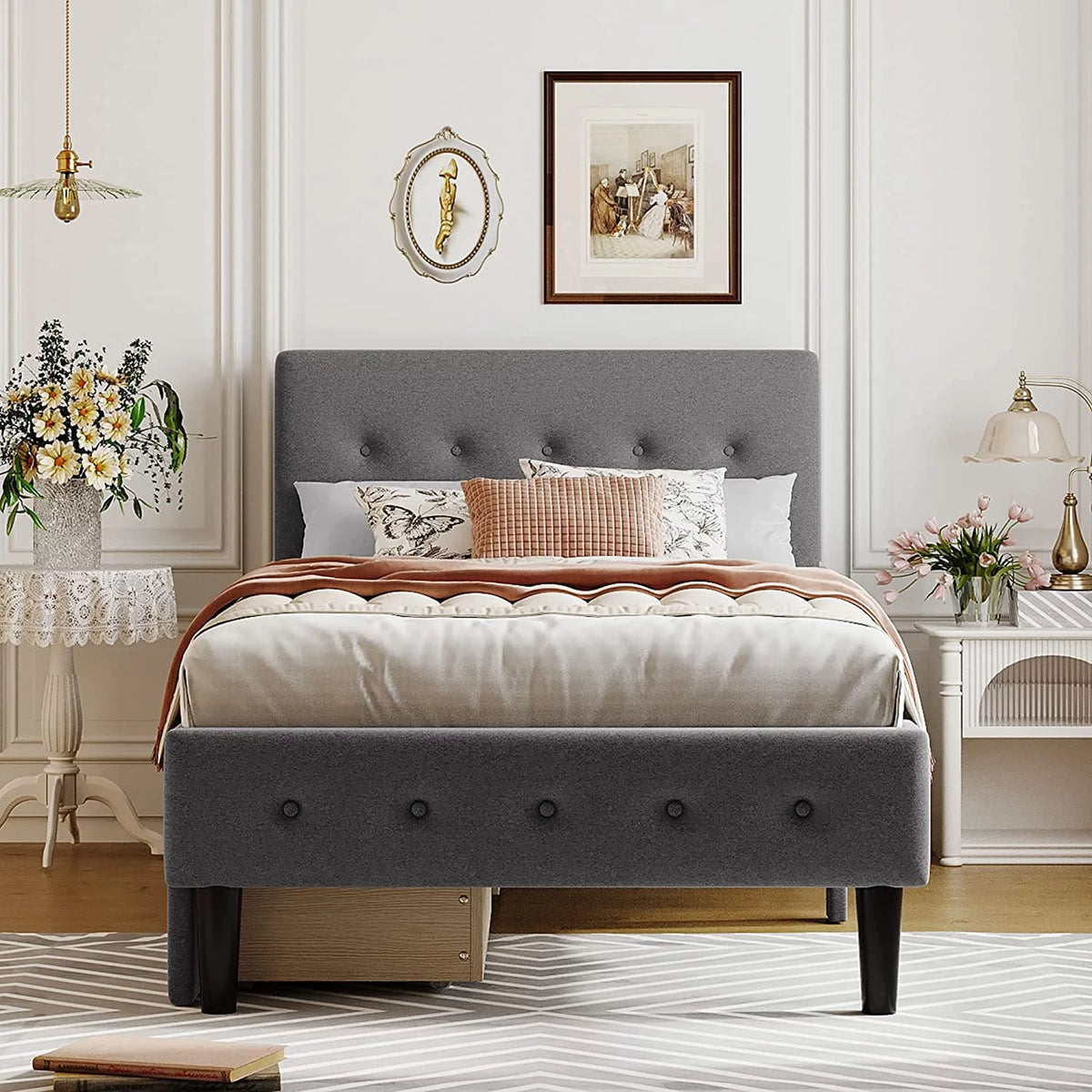 Beige Twin Size Upholstered Bed Frame with Headboard and Storage Underneath V9804