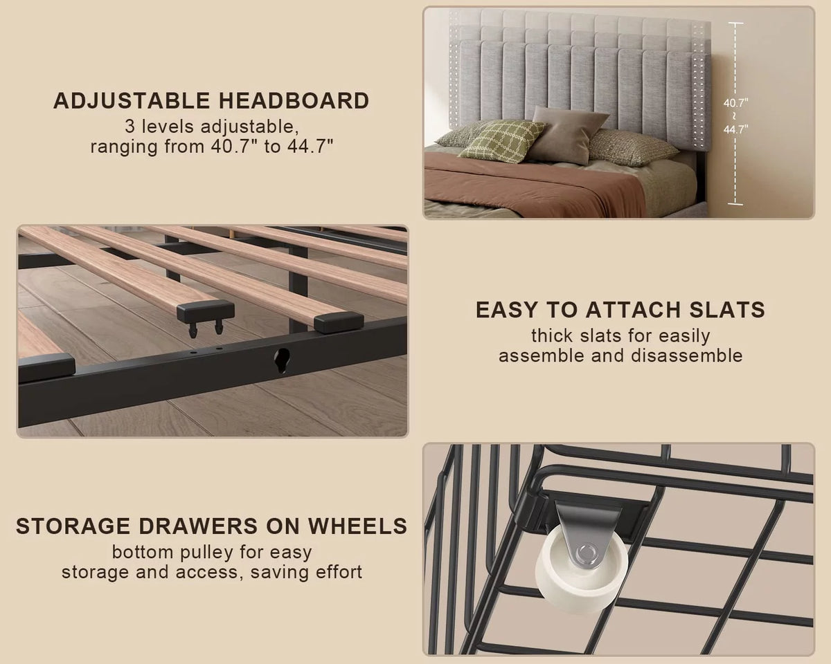 Light Grey Full Size Bed Frame with Storage Drawers R88668