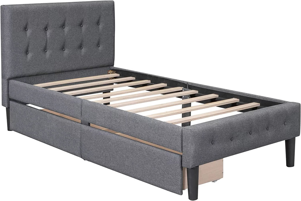 Beige Twin Size Upholstered Bed Frame with Headboard and Storage Underneath V9804