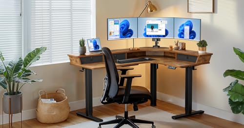 Electric L Shaped Standing Desk, 65'' Height Adjustable Corner Desk with Storage Drawers, Black S93572