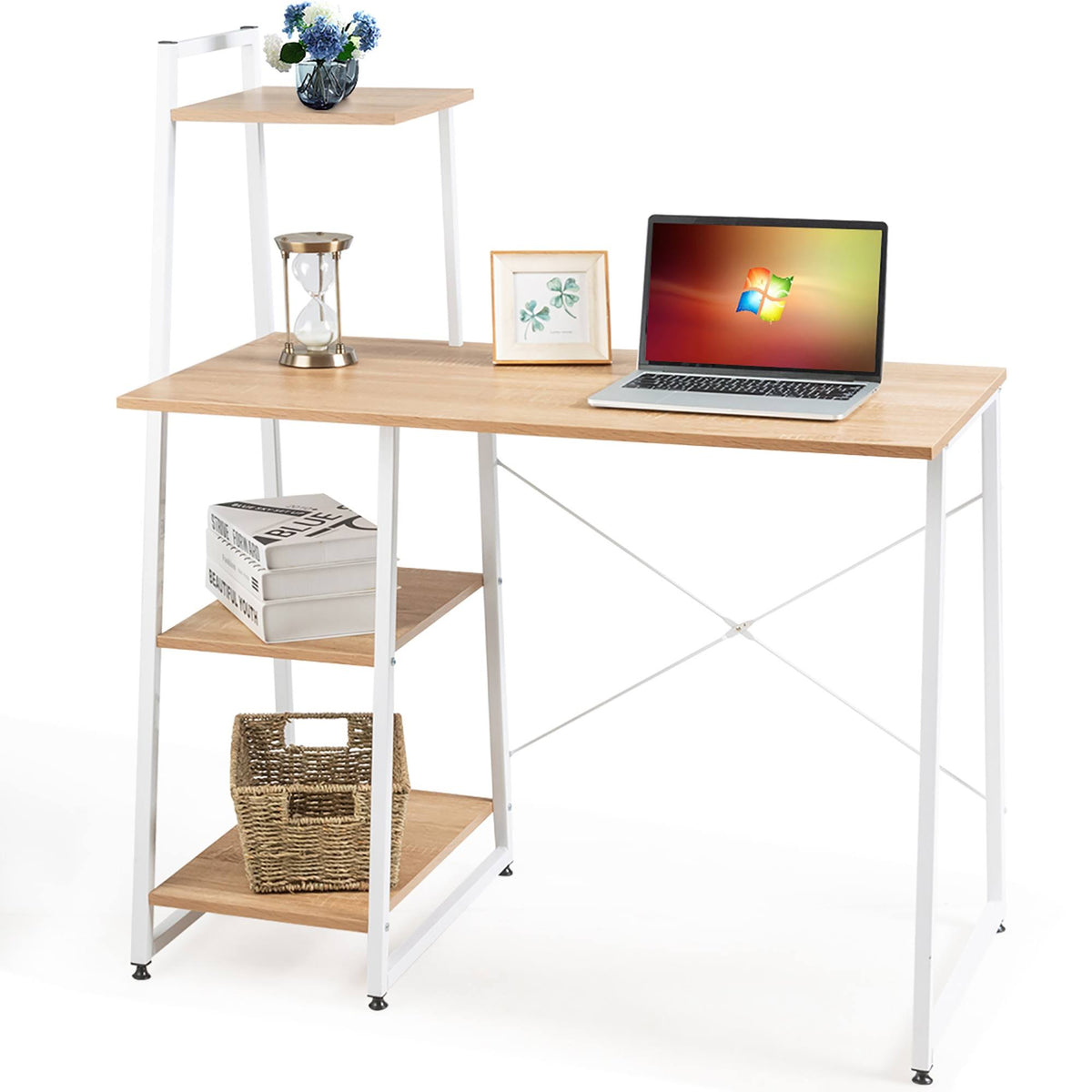 Natural Computer Desk with Shelves P7606