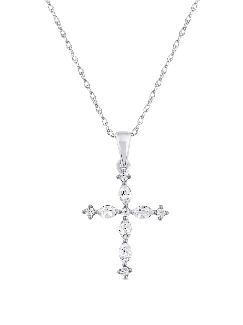 10K White Gold Marquise and Round Diamond Cross Pendant Necklace O5565