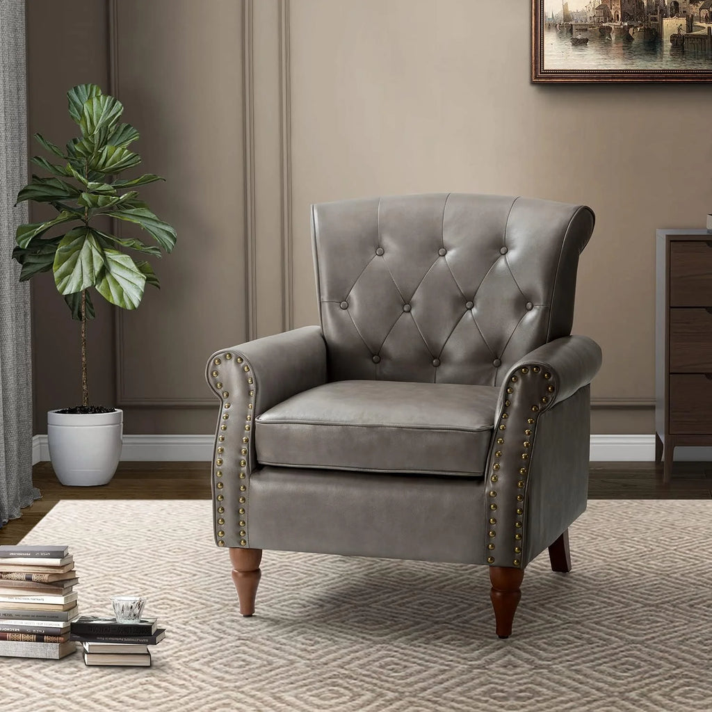 Black Faux Leather Accent Chair with Solid Wood Legs E8333