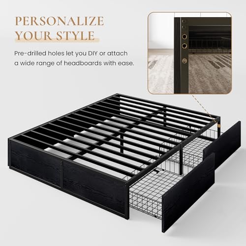 Black Queen Platform Bed Frame with 2 Storage Drawers E293