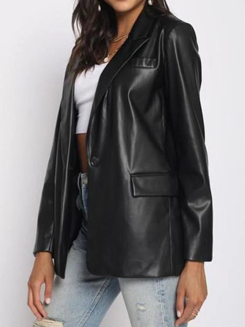 Recycled Vegan Leather One Button Blazer Jacket U44738