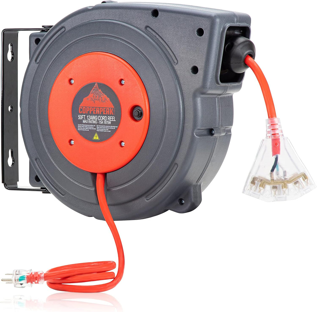 50 ft Retractable Extension Cord Reel, 12 Gauge, Blue and Grey J693
