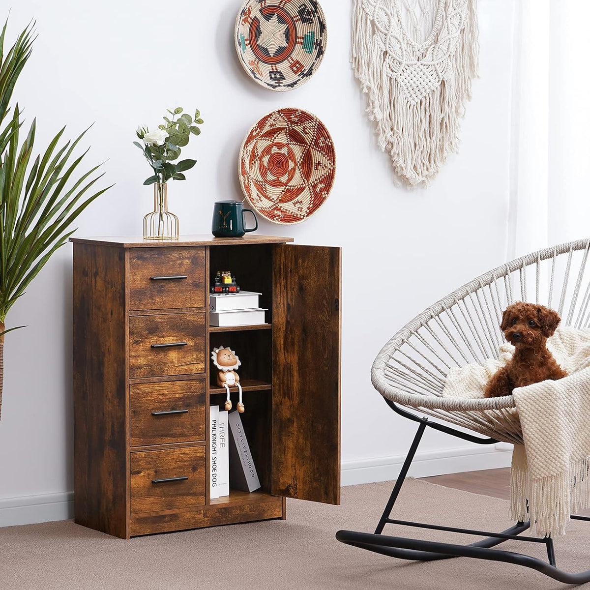 Rustic Brown Bathroom Storage Cabinet with 4 Drawers and Adjustable Shelf M9399
