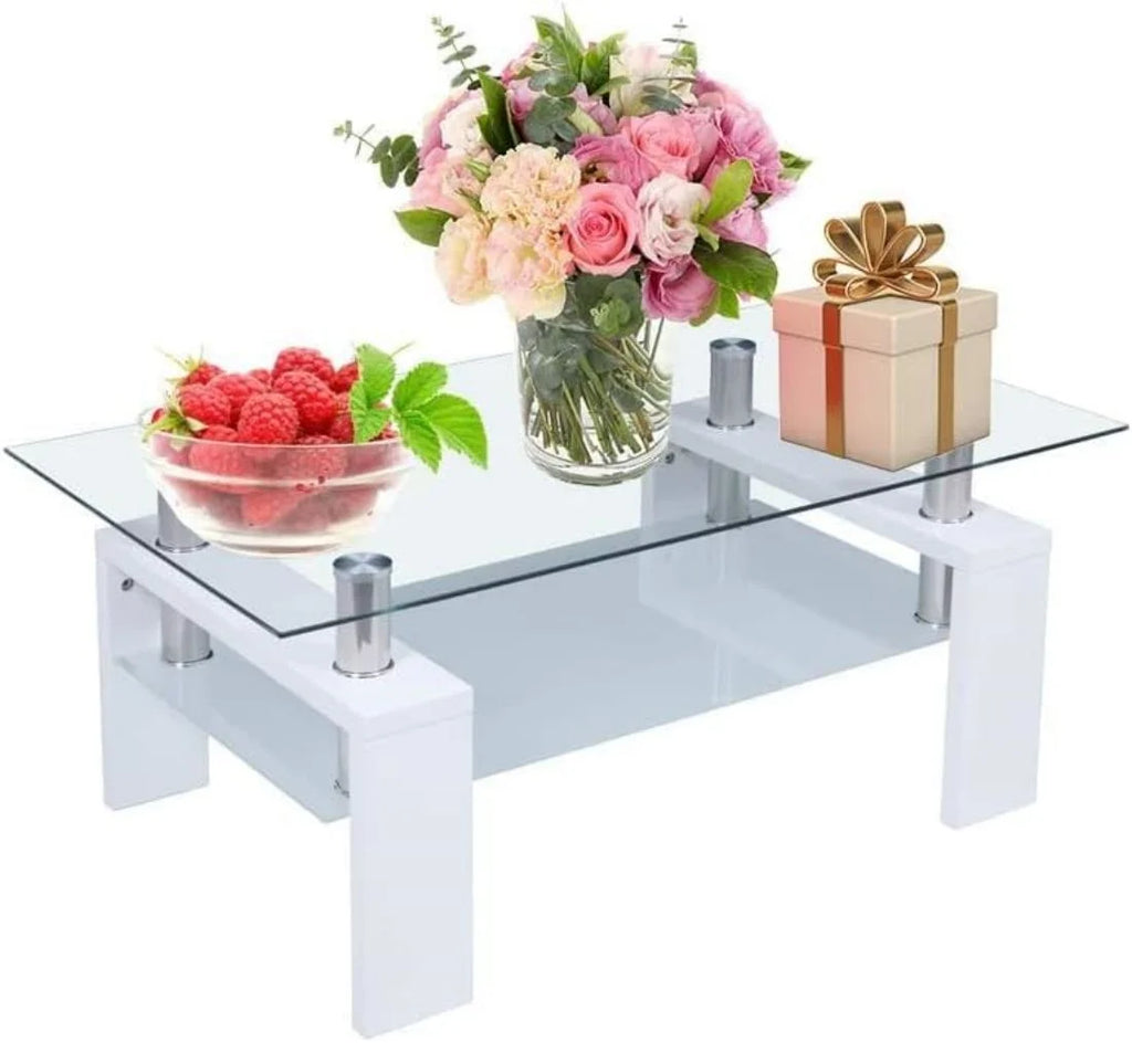 Glass Top White Coffee Table with Lower Shelf M975240