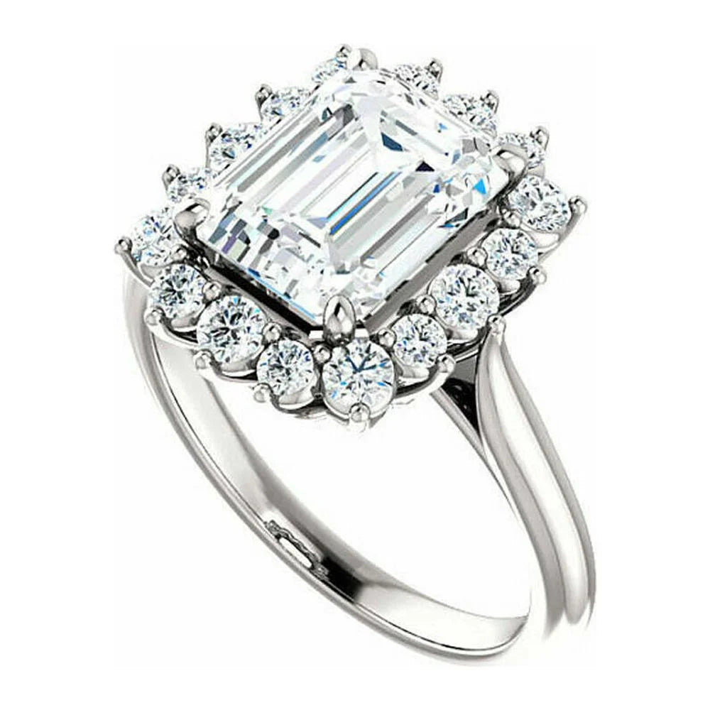 Octagon and Round Cut Moissanite Engagement Ring 18K White Gold Plated O5280
