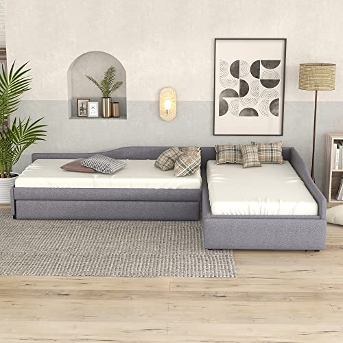 L Shaped Upholstered Double Size Daybed with Trundle and Storage Drawer, Gray R511210