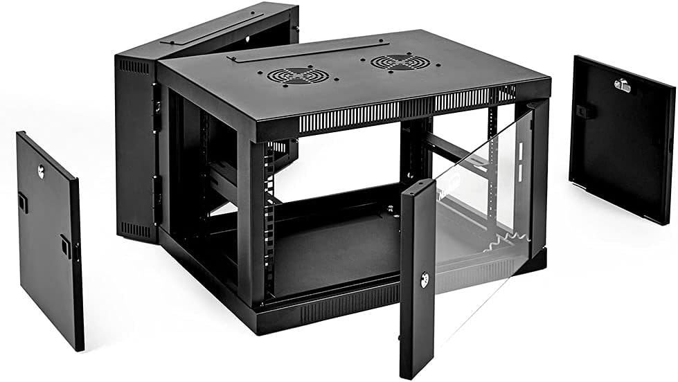 6U Wall-Mount Network Cabinet Enclosure, 650mm Depth, Hinged Back, Swing Gate Server Cabinet, Locks, Reversible Glass Front Door, 2 Fans I459
