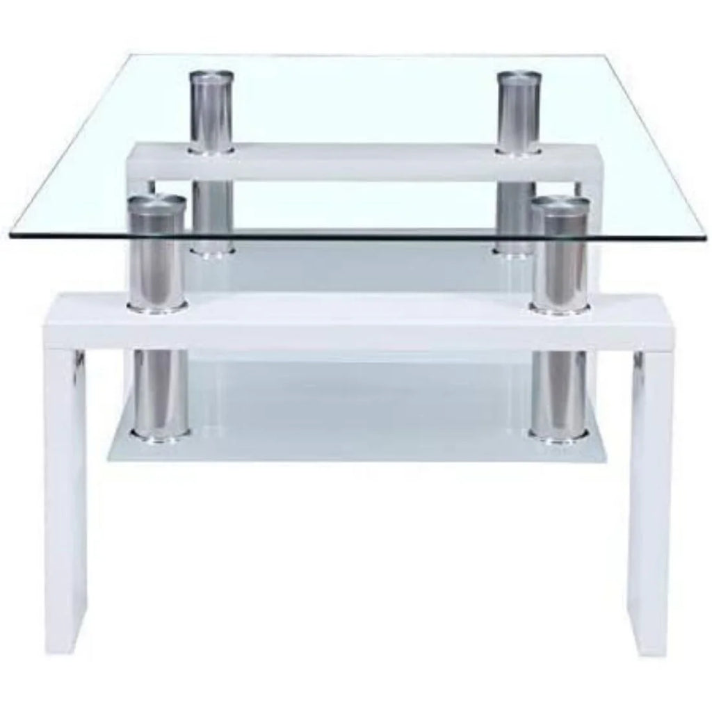 Glass Top White Coffee Table with Lower Shelf M975240