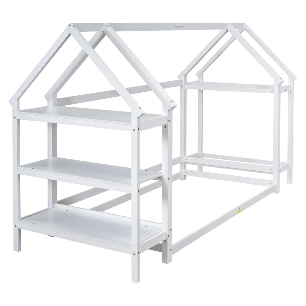 White Solid Wood Twin Floor Bed Frame with Roof and Window D324