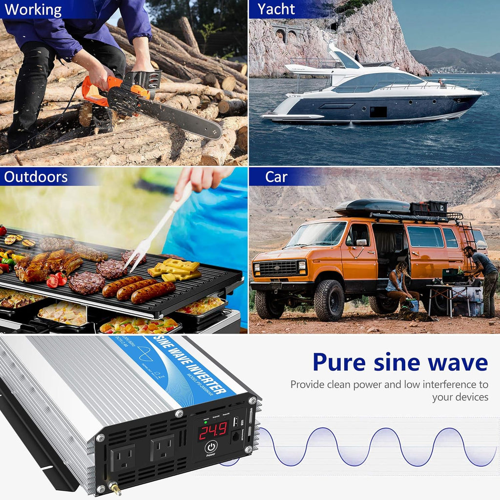 24 Volt 2000W Pure Sine Wave Power Inverter DC 24V to AC120V with Dual AC Outlets Remote Control 2.4A USB LED Display B502450
