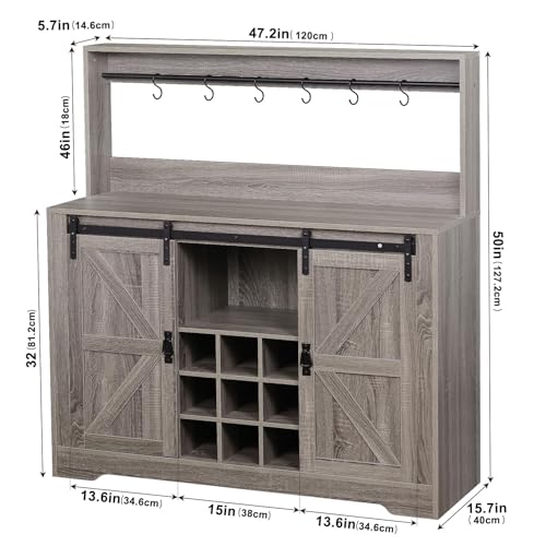 Grey Coffee Bar Cabinet with Sliding Barn Door and Adjustable Shelves Z9926