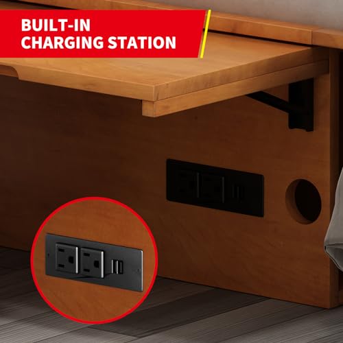 Queen Size Murphy Bed with Charging Station, Folding Foam Mattress (Cherry) U8446