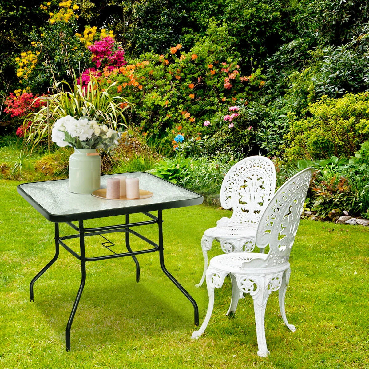 32'' Patio Square Table Tempered Glass Steel Frame N45398