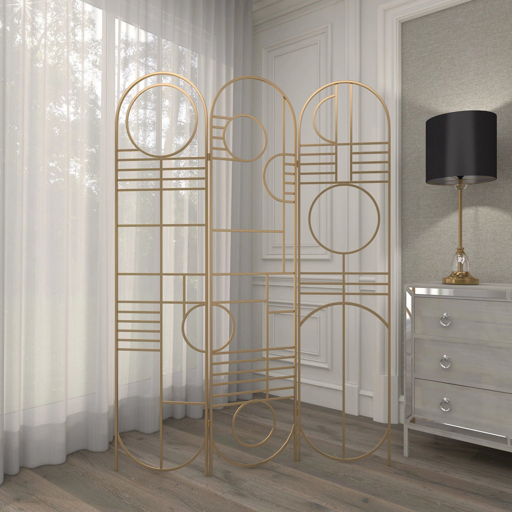 Metal 3 Panel Room Divider Screen with Geometric Pattern X7174