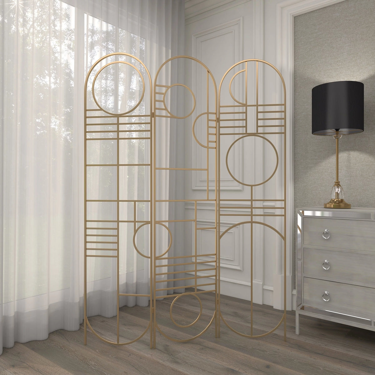 Metal 3 Panel Room Divider Screen with Geometric Pattern X7174
