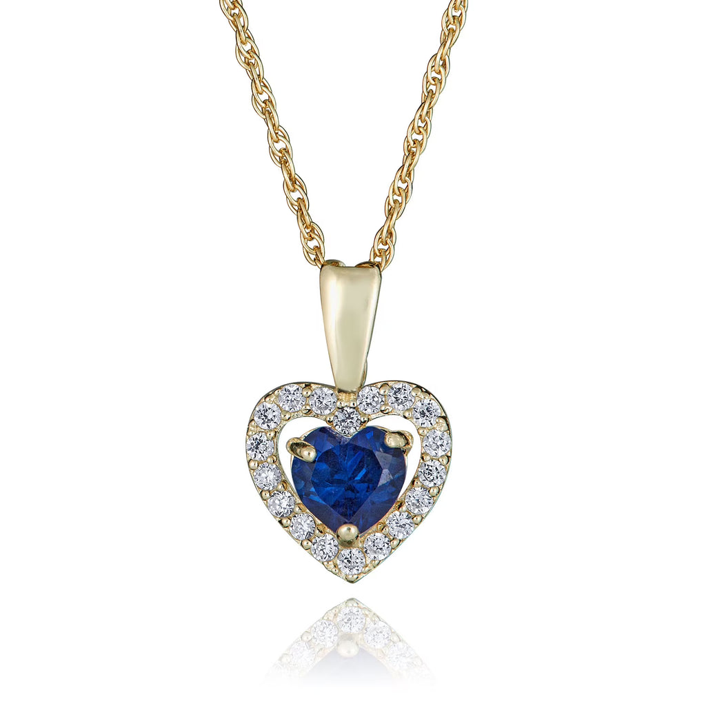 14K Yellow Gold Blue Sapphire CZ Heart Halo Pendant Necklace with 18" Chain C785