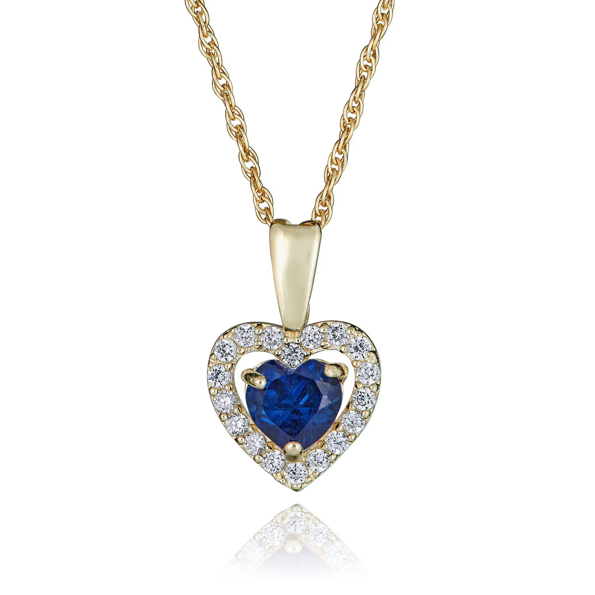 14K Yellow Gold Blue Sapphire CZ Heart Halo Pendant Necklace with 18" Chain C785