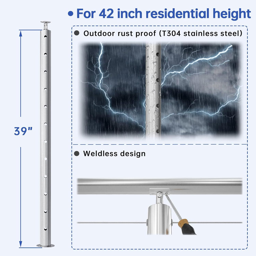 2Pack Stainless Steel Cable Railing Post Round 42x2.36 Pre-drilled Surface Mount A493