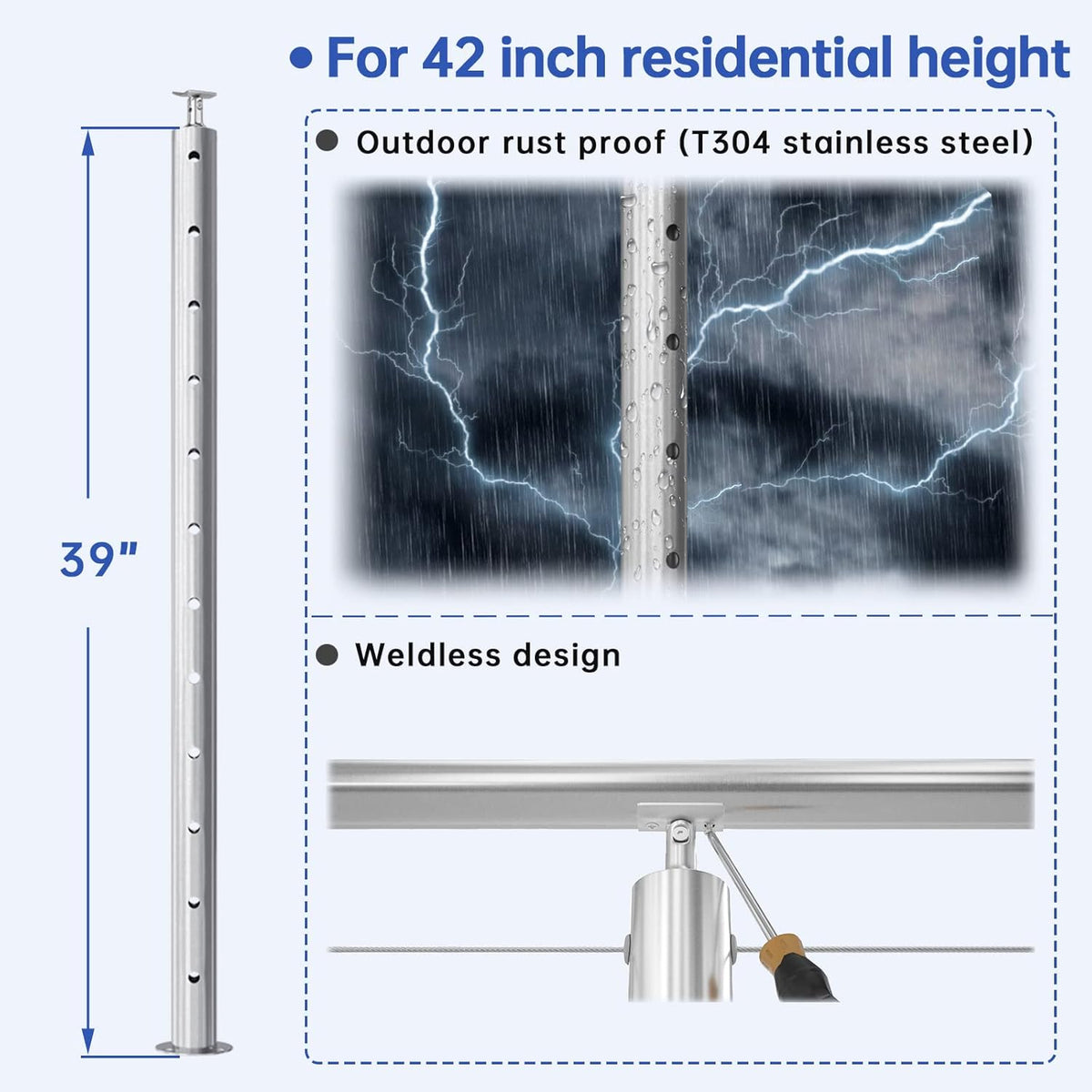 2Pack Stainless Steel Cable Railing Post Round 42x2.36 Pre-drilled Surface Mount A493