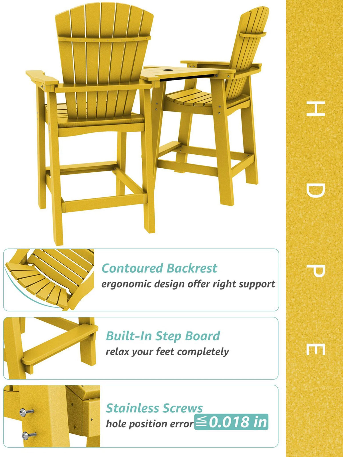 Tall Adirondack Chair Set with 2 Outdoor Barstools and Connecting Tray V49569