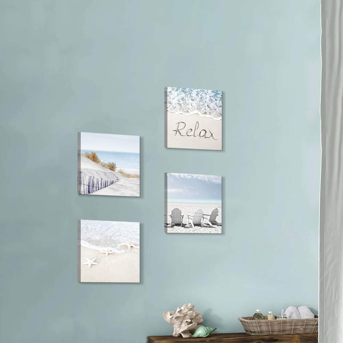 Beach Wall Art Starfish Chairs on Sand Canvas 12” x 12'' 4 Panels O4392