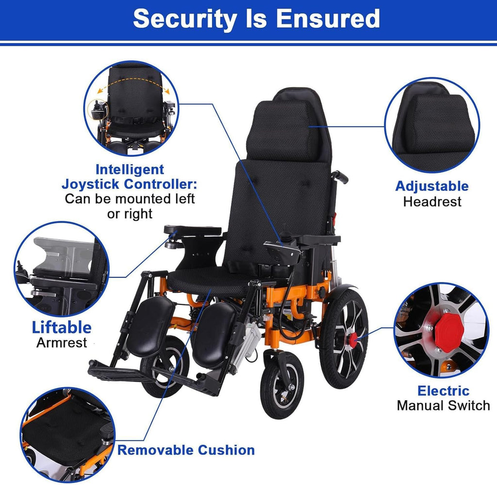 Reclining Foldable Electric Wheelchair with Adjustable Backrest and Pedal, 500W Motor, 20 Mile Range, 12AH Lithium Battery B2373