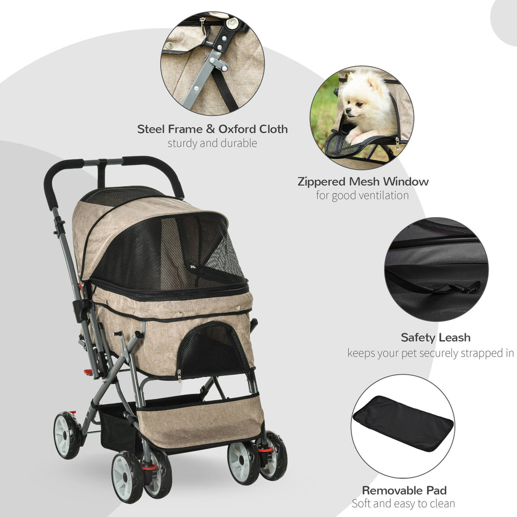 Foldable Pet Stroller with Reversible Handle Basket Storage Bag 3-Stage Canopy Zippered Mesh L388