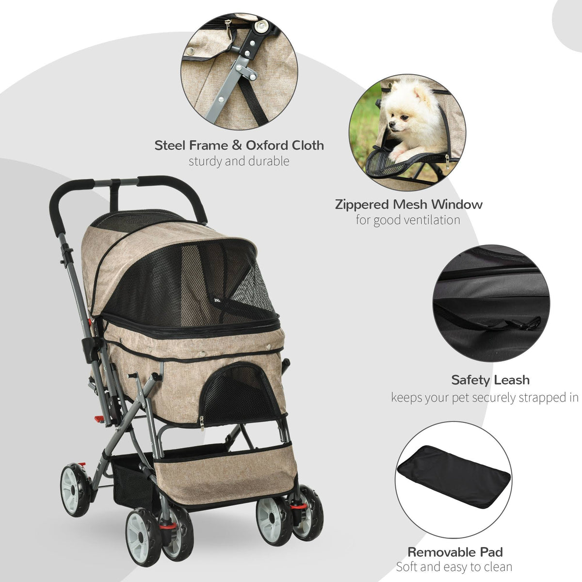 Foldable Pet Stroller with Reversible Handle Basket Storage Bag 3-Stage Canopy Zippered Mesh L388