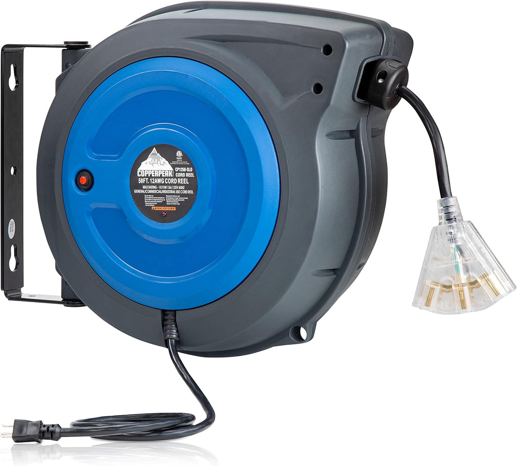 50 ft Retractable Extension Cord Reel, 12 Gauge, Blue and Grey J693