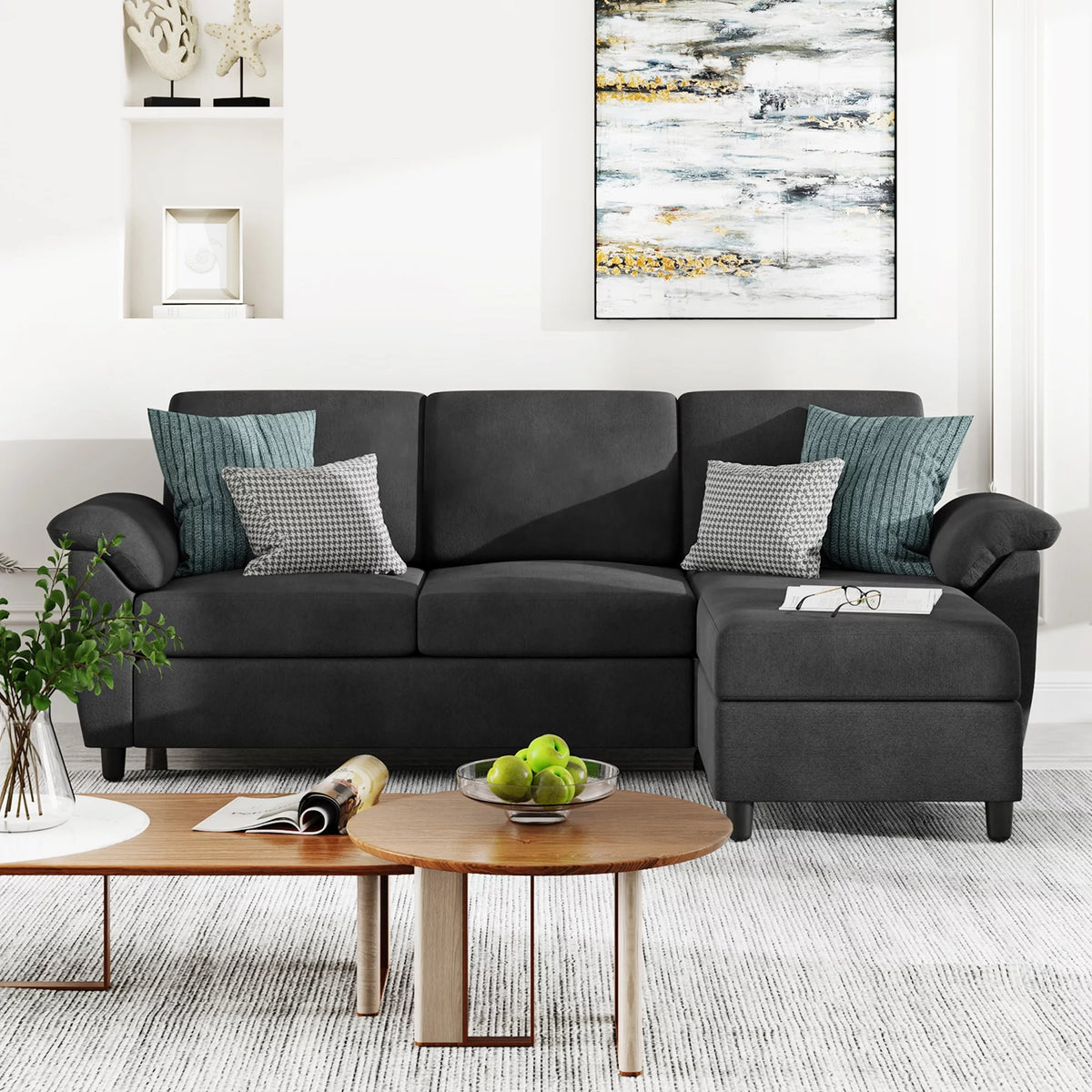 79 Convertible Sectional Sofa Linen Fabric L Shaped Sofa with Removable Pillows Dark Gray W81343