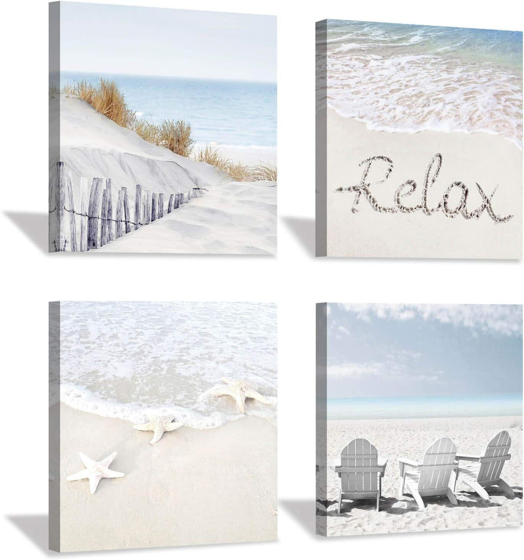 Beach Wall Art Starfish Chairs on Sand Canvas 12” x 12'' 4 Panels O4392