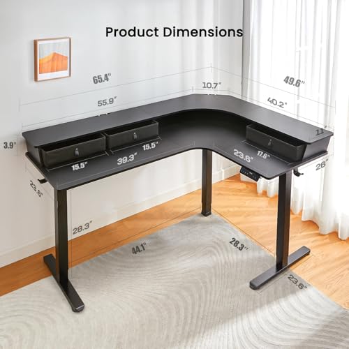 Electric L Shaped Standing Desk, 65'' Height Adjustable Corner Desk with Storage Drawers, Black S93572