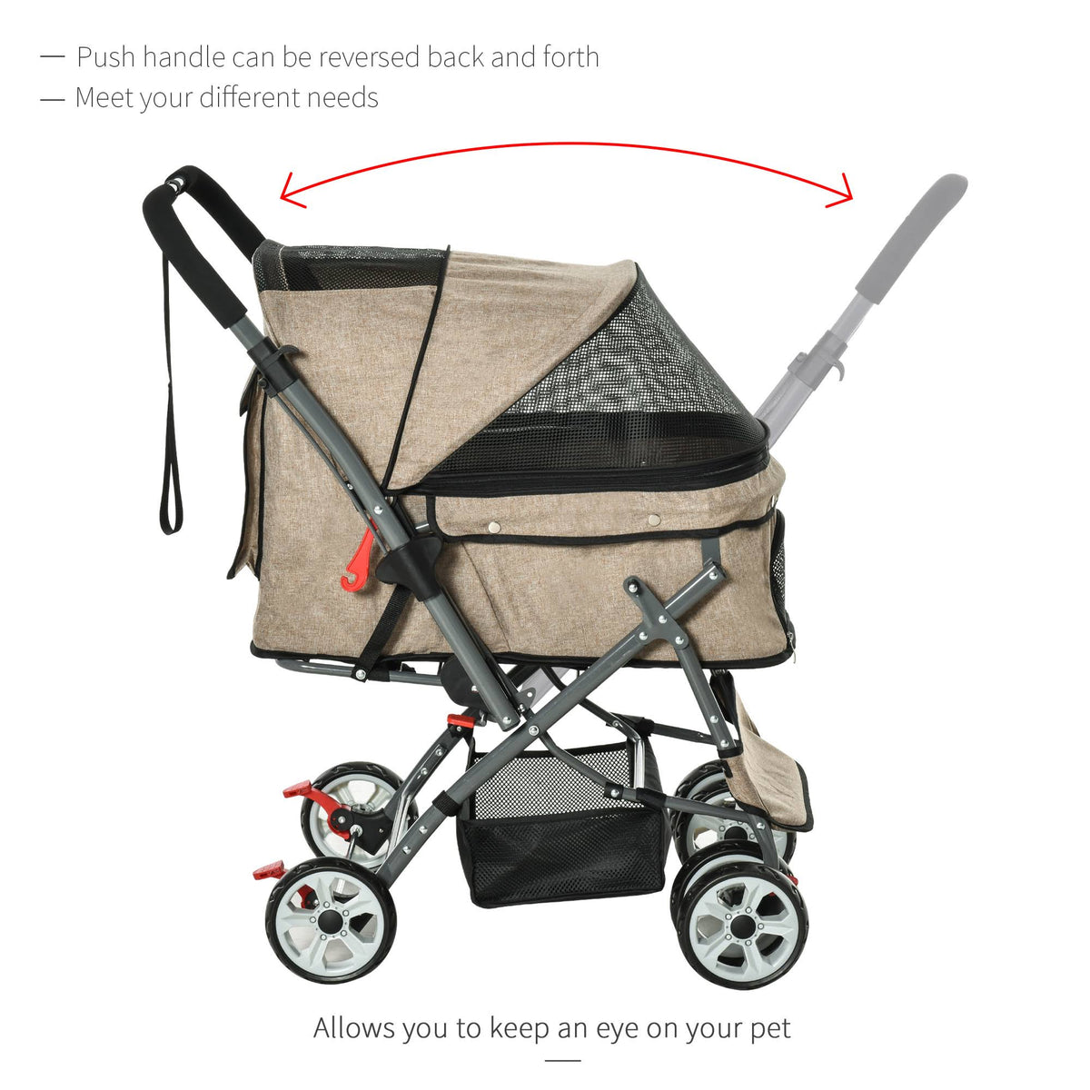 Foldable Pet Stroller with Reversible Handle Basket Storage Bag 3-Stage Canopy Zippered Mesh L388