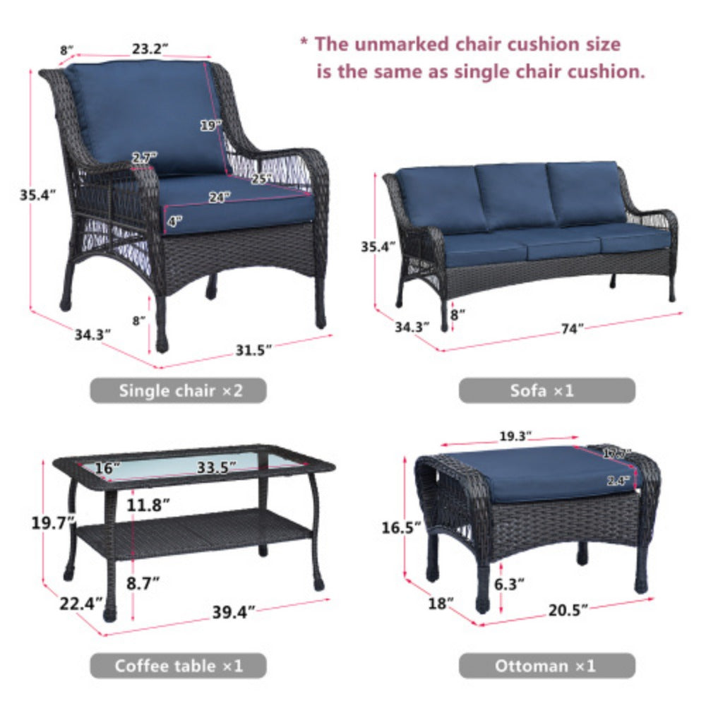 6-Piece Rattan Outdoor Conversation Set Navy Blue Metal Z6786