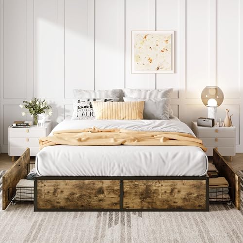 Black Queen Platform Bed Frame with 2 Storage Drawers E293