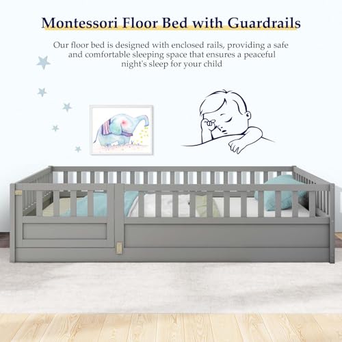 Full-White Wood Kids Floor Bed with Safety Guardrails V701