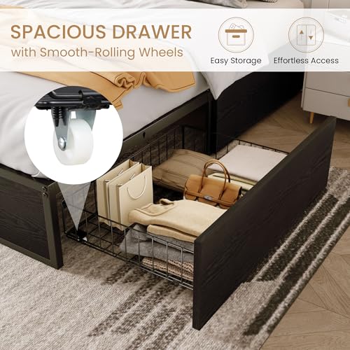 Black Queen Platform Bed Frame with 2 Storage Drawers E293